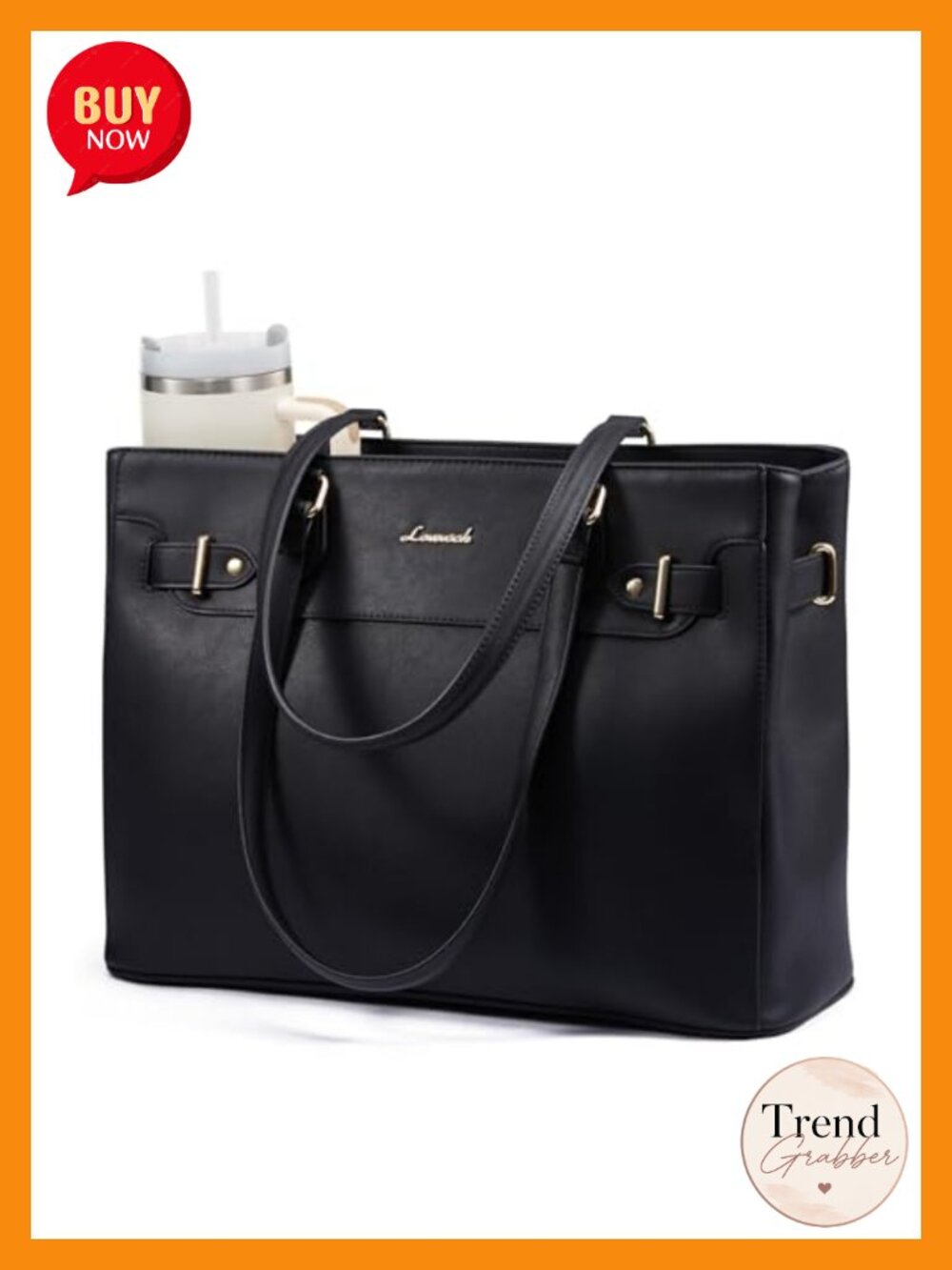 Waterproof PU Leather Laptop Tote Bag with Cup Holder 17.3" Computer Work Bag